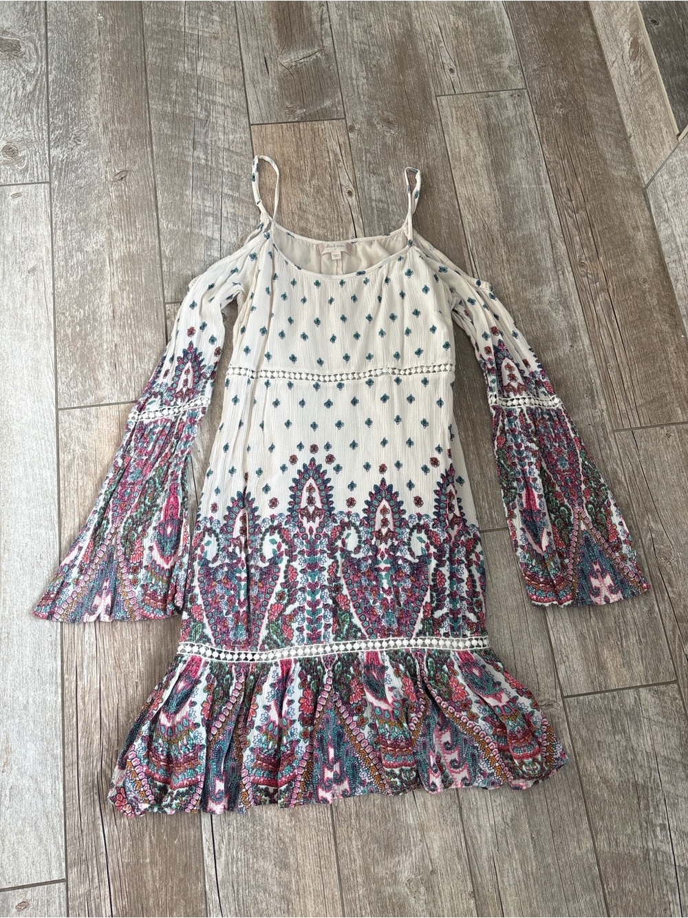 Altar'd State Cream Paisley Cold-Shoulder Dress with Pink and Teal Accents